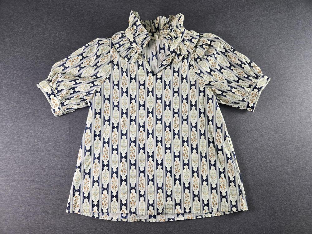 Entro Blouse Womens Sm Blue Floral High Neck Puff Sleeve 100% Cotton Cottagecore